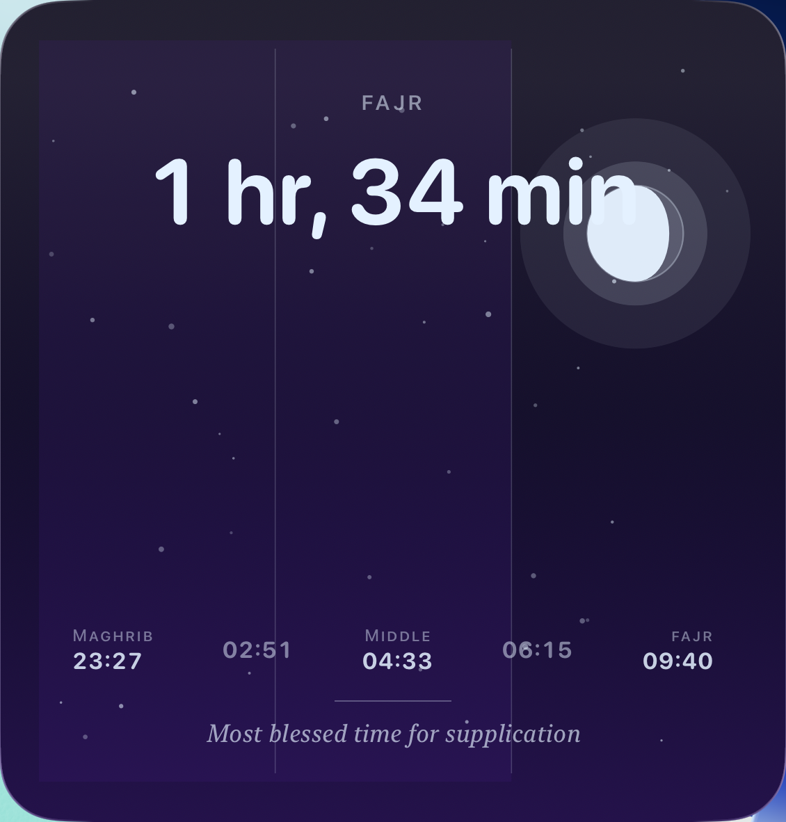 fajr o'clock night thirds widget in the last third periode with the moon evolving in it